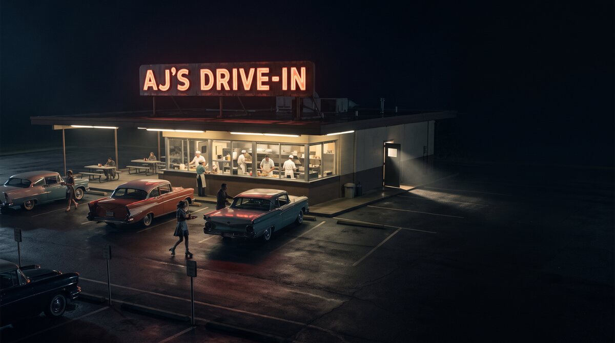 A 1950s drive-in glowing under a red neon sign at night, a carhop crossing a dark parking lot between vintage cars.